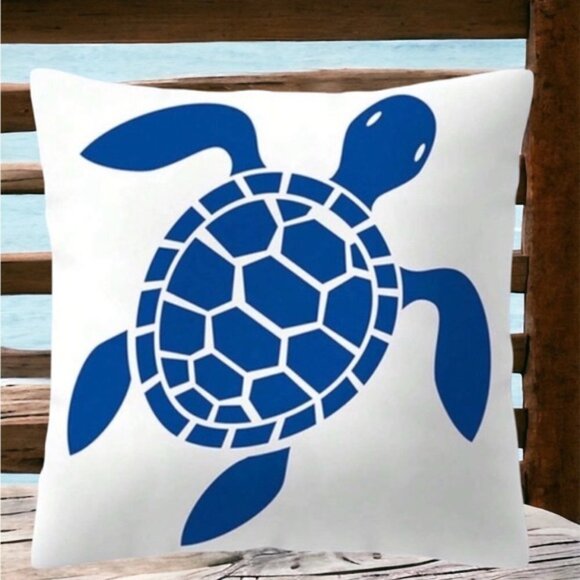 Coastal Pillow Cover Sea Turtle Nautical Graphic Beach 17.7 in Square Blue White - Picture 4 of 16